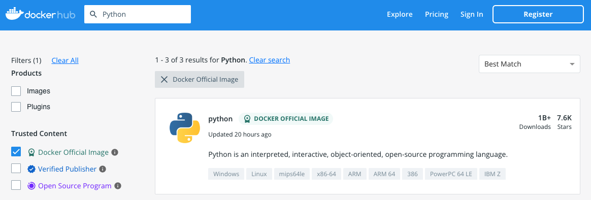 Screenshot of the Docker Hub search feature, with the official Python image showing up as the first result