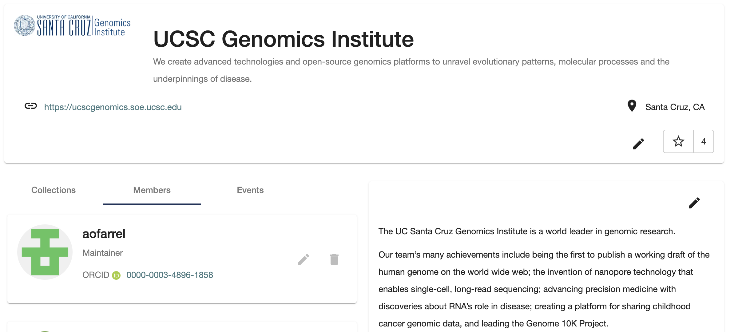 The author's ORCID showing up in the UCSC Genomics Institute members page on Dockstore